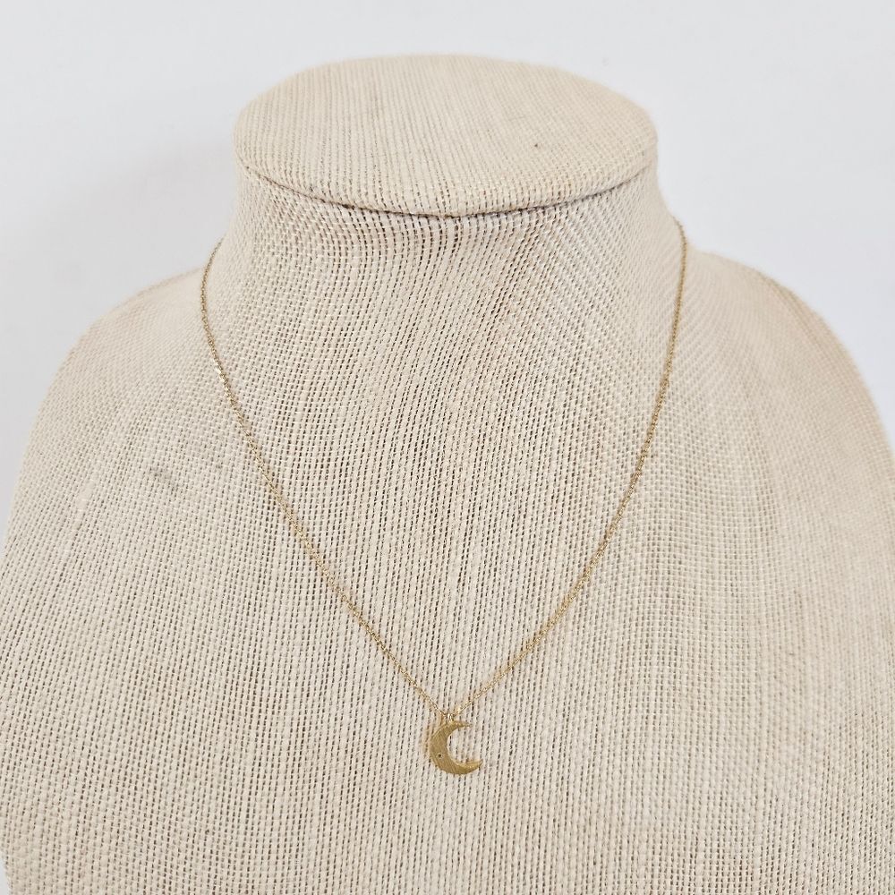Small Gold-Toned Minimalist Crescent Moon Rhinestone Stud Pendant Chain Necklace